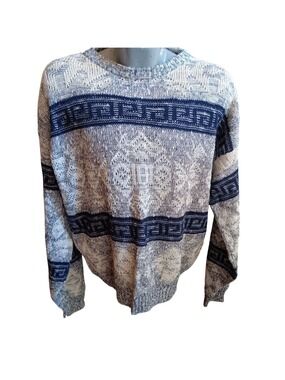 Vintage Ugly Greek Sweater XL 1990s Bask Superior Knit Geometric Crewneck Ramie